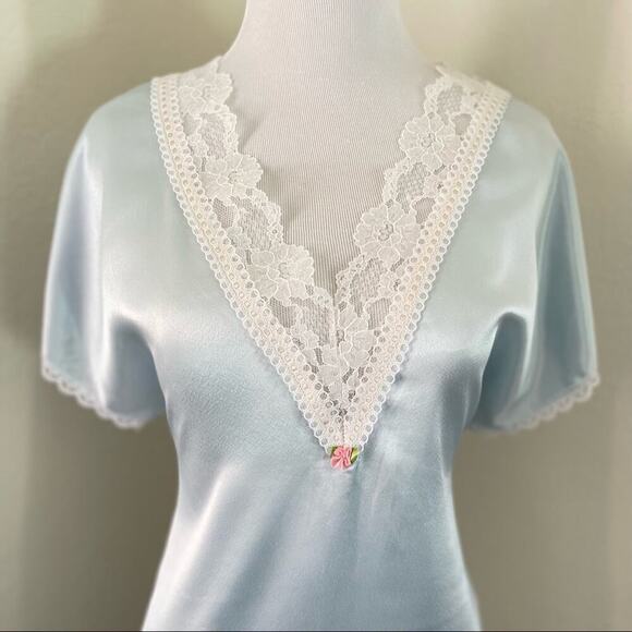 Vintage Honors Intimate Nightgown Satin Aqua Blue Sheer Lace Medium/Large - Picture 11 of 15